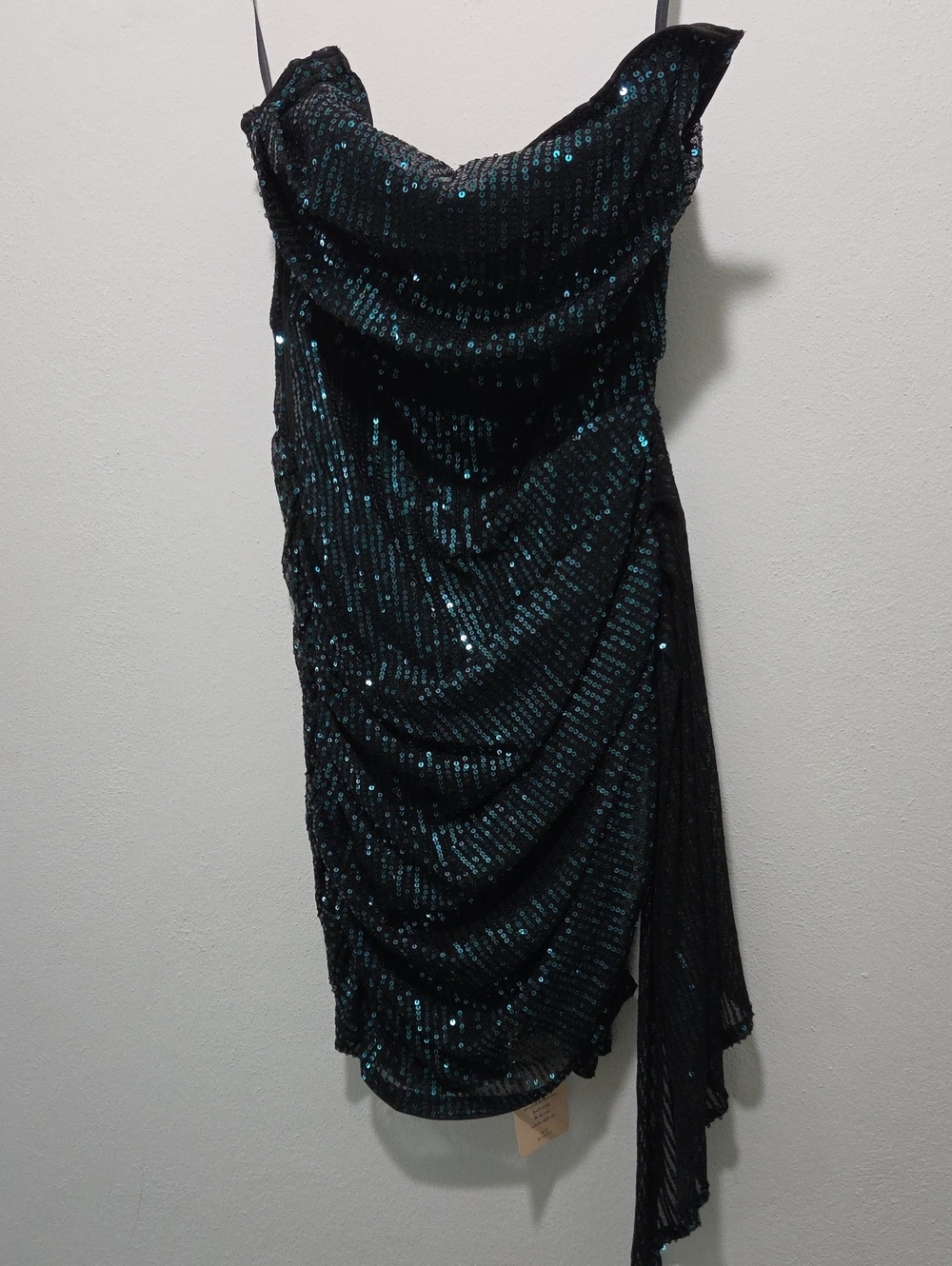 SHEIN Black Strapless Dress with Teal Sequin Draped Detail